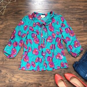 ModCloth • Jade Floral poppy print Peter Pan collar blouse chiffon bow tie neck